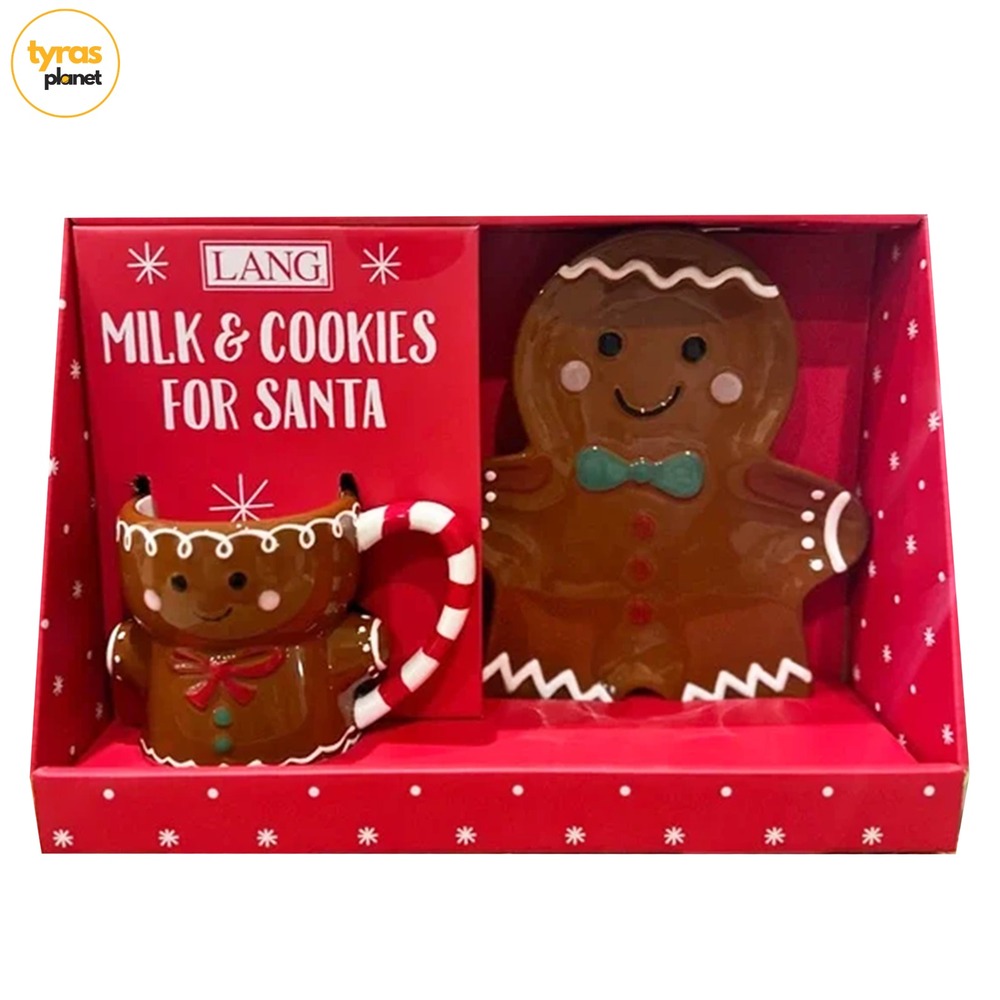 Lang Gingerbread Man Milk & Cookies CHRISTMAS Ceramic Serving Plate and Mug